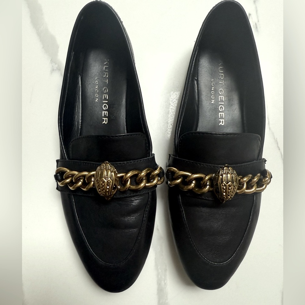 Kurt Geiger Black Loafers with Gold Chain Eagle head